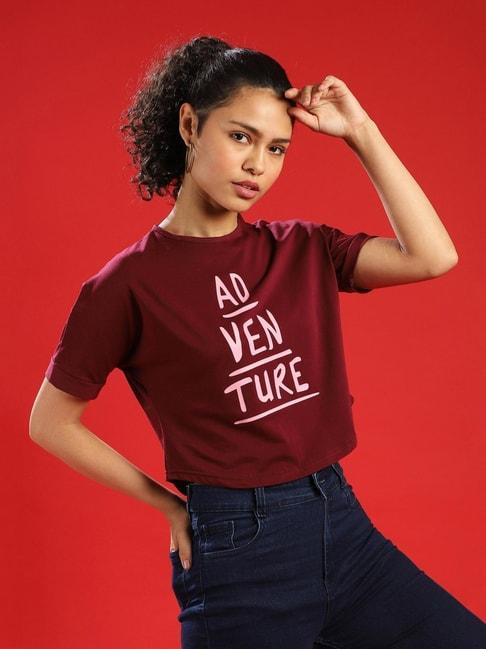 campus sutra burgundy graphic print top