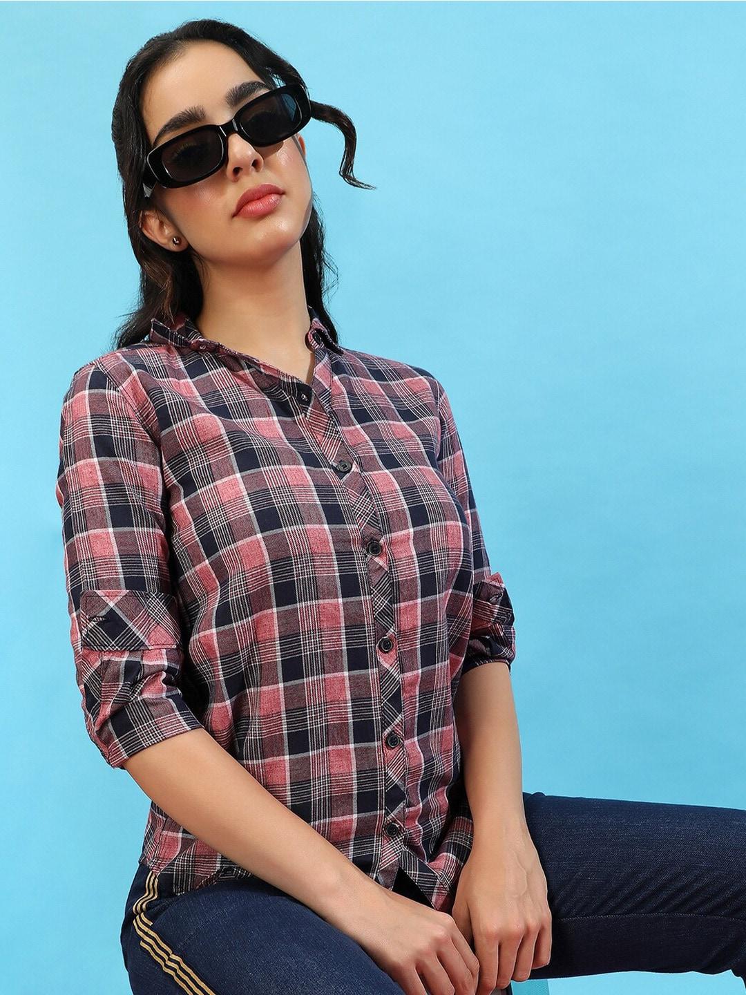 campus sutra classic pink & black tartan checked cotton casual shirt