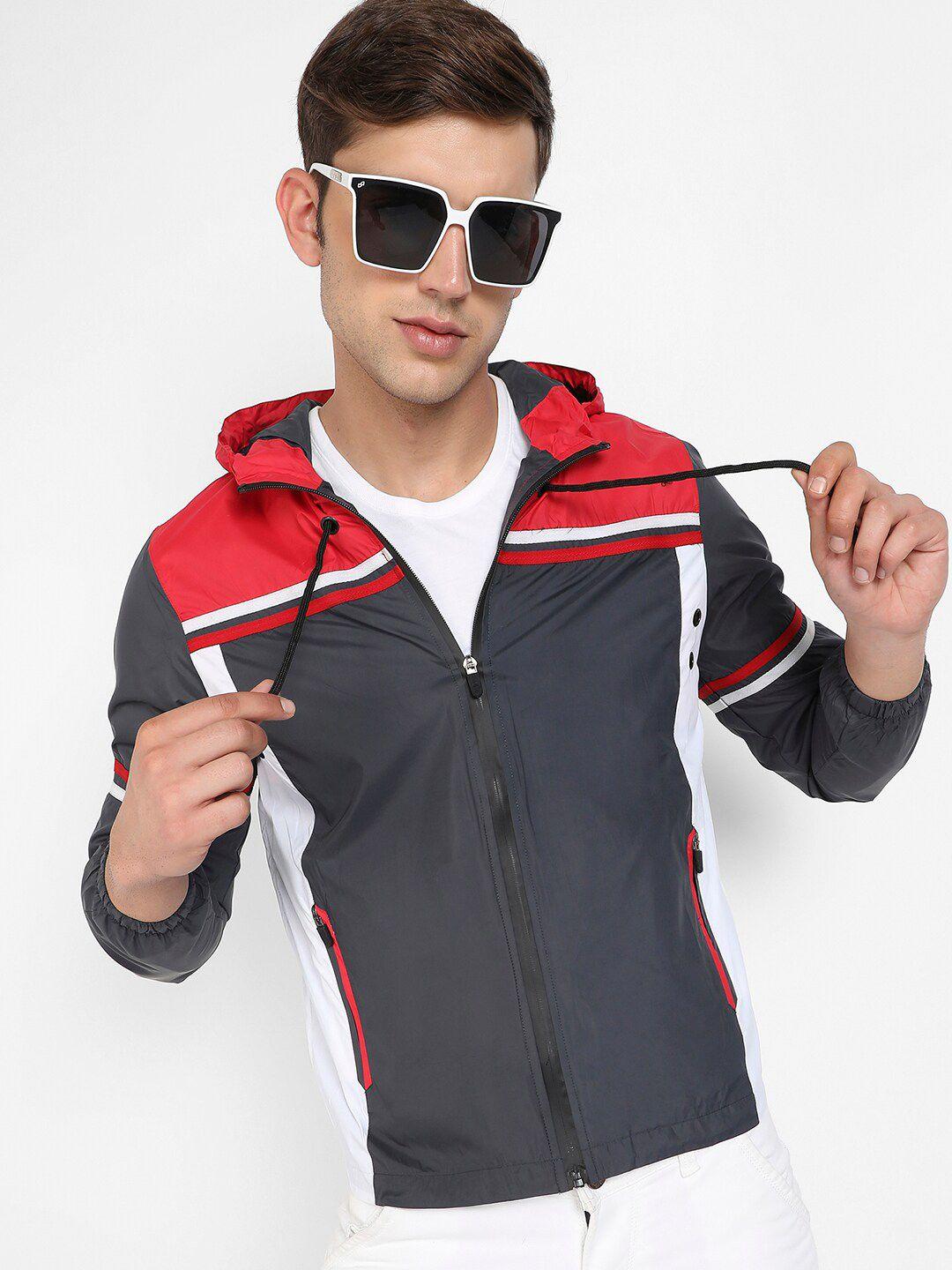 campus sutra colourblocked windcheater hooded outdoor sports jacket