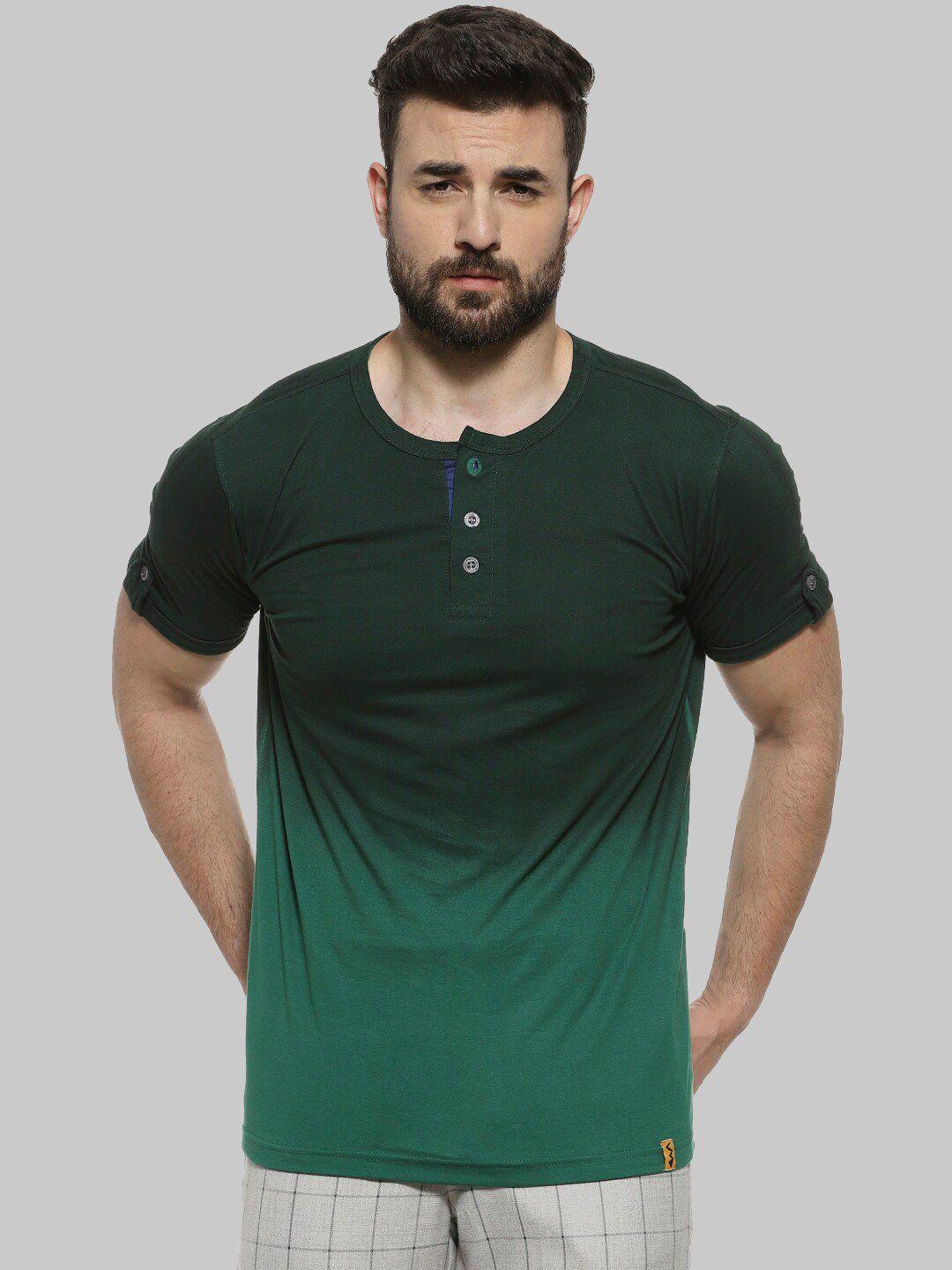 campus sutra green henley neck short sleeves casual cotton t-shirt