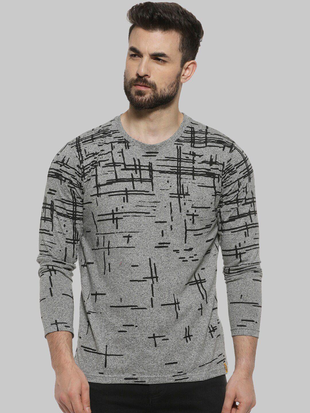 campus sutra grey abstract printed round neck long sleeves casual cotton t-shirt