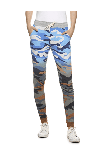 campus sutra light blue & brown camo print joggers