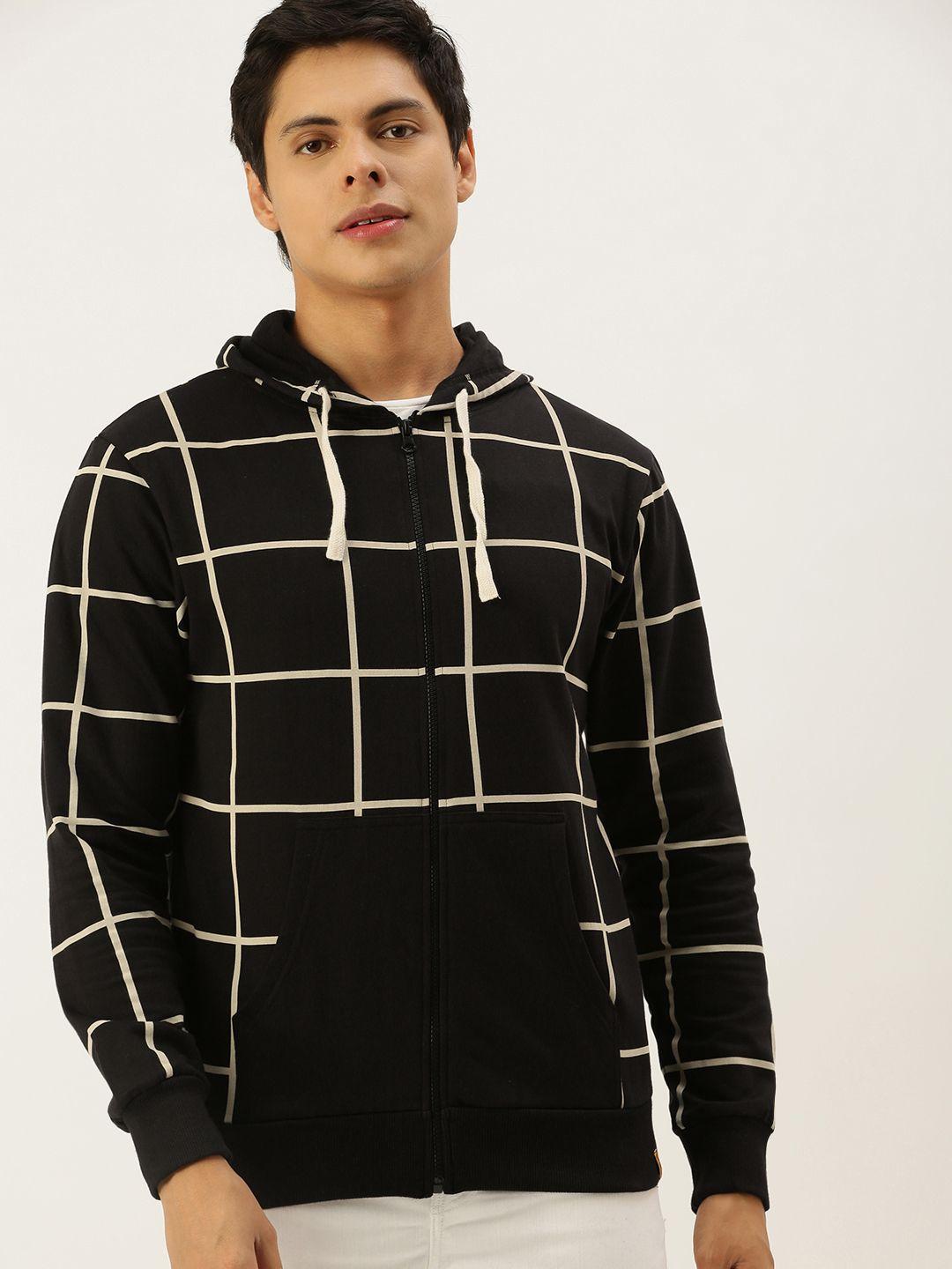 campus sutra men black & off white checked hooded sweatshirt