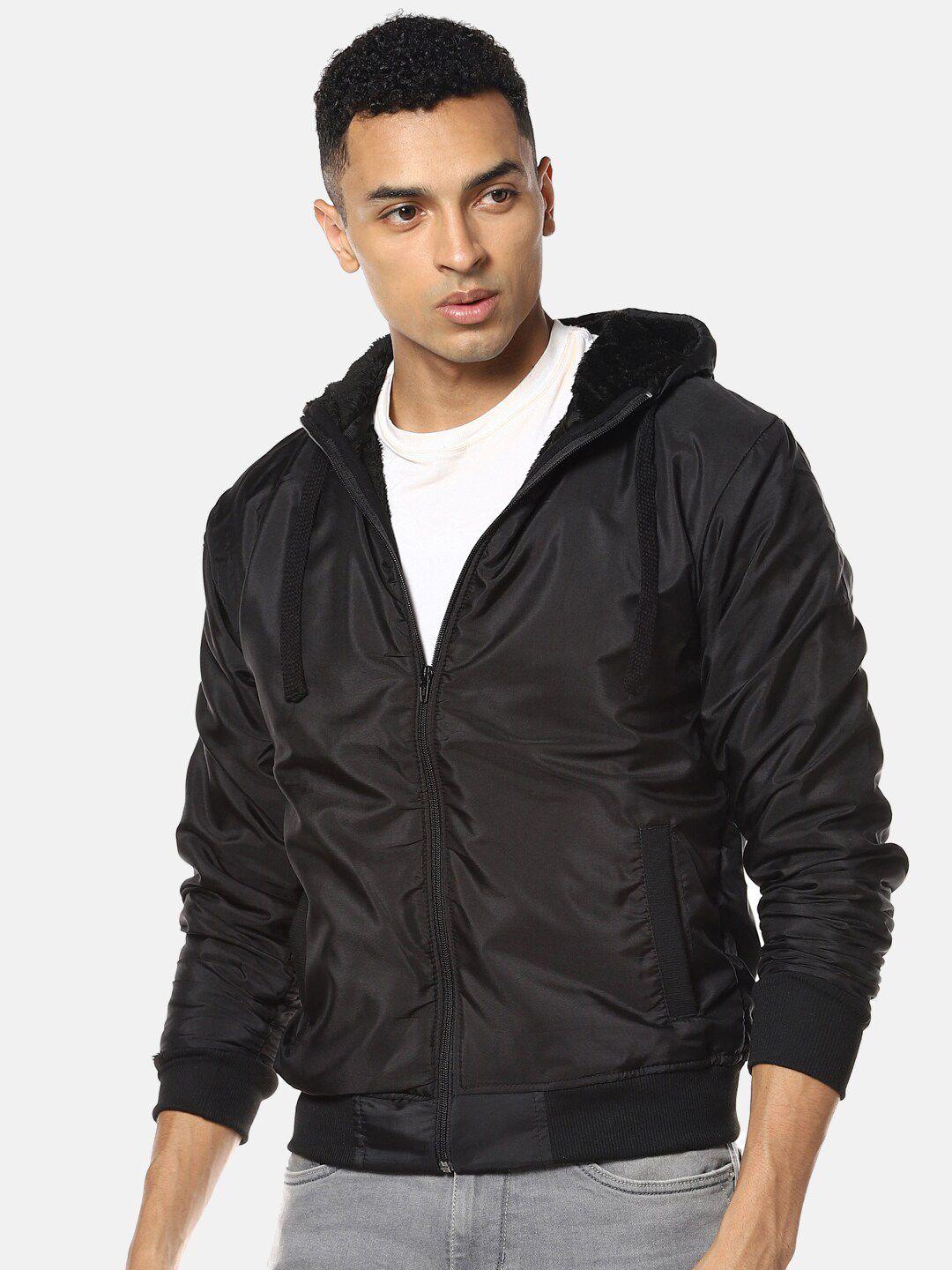 campus sutra men black solid windcheater hooded bomber