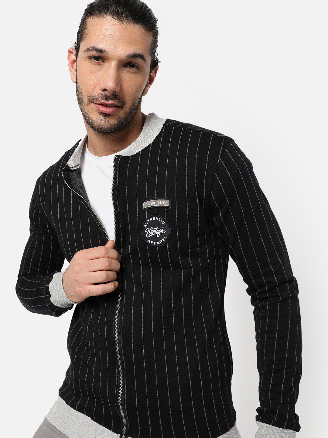 campus sutra men black striped windcheater outdoor bomber with patchwork jacket