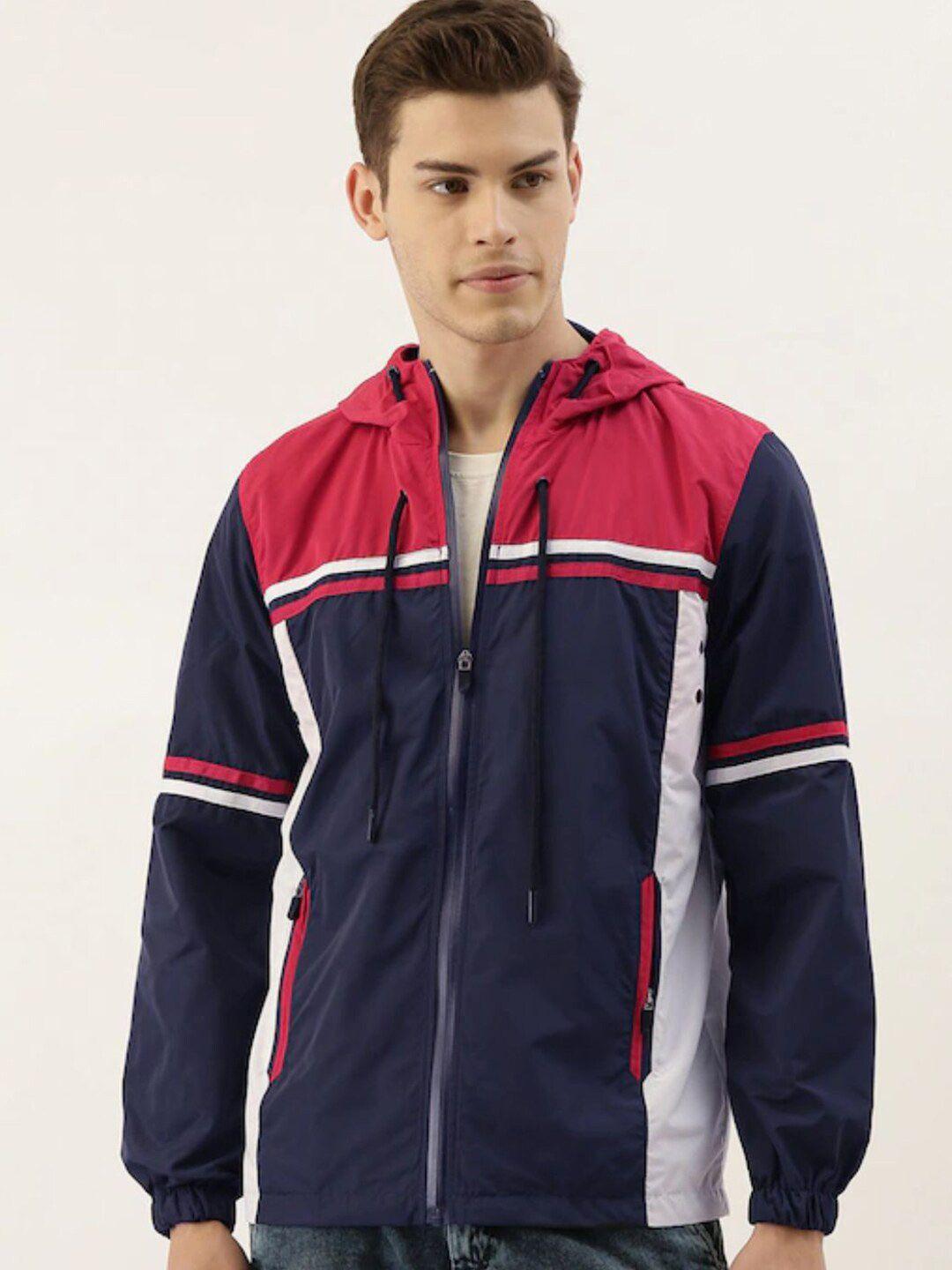 campus sutra men blue & red colourblocked windcheater open front jacket