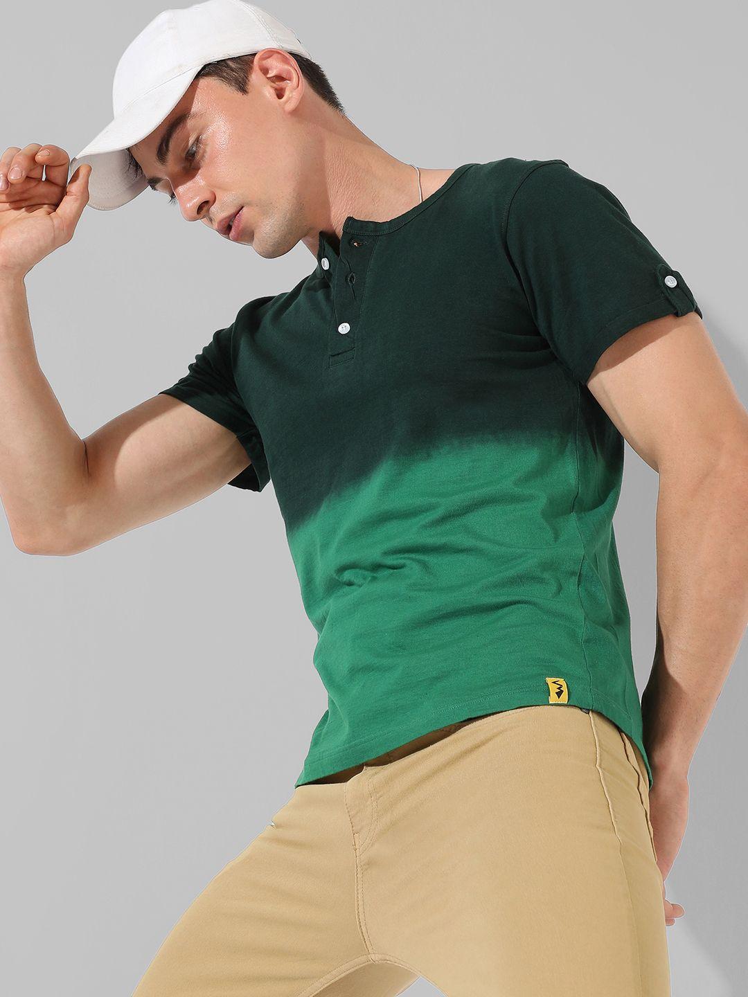 campus sutra men green henley neck roll-up sleeves cotton t-shirt