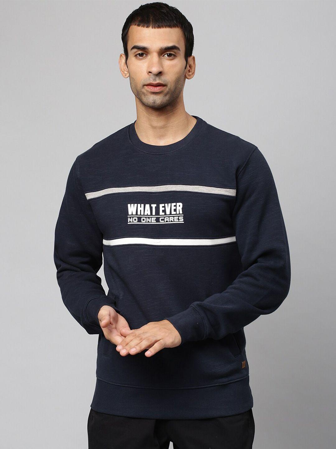 campus sutra men navy blue & white typography printed pullover
