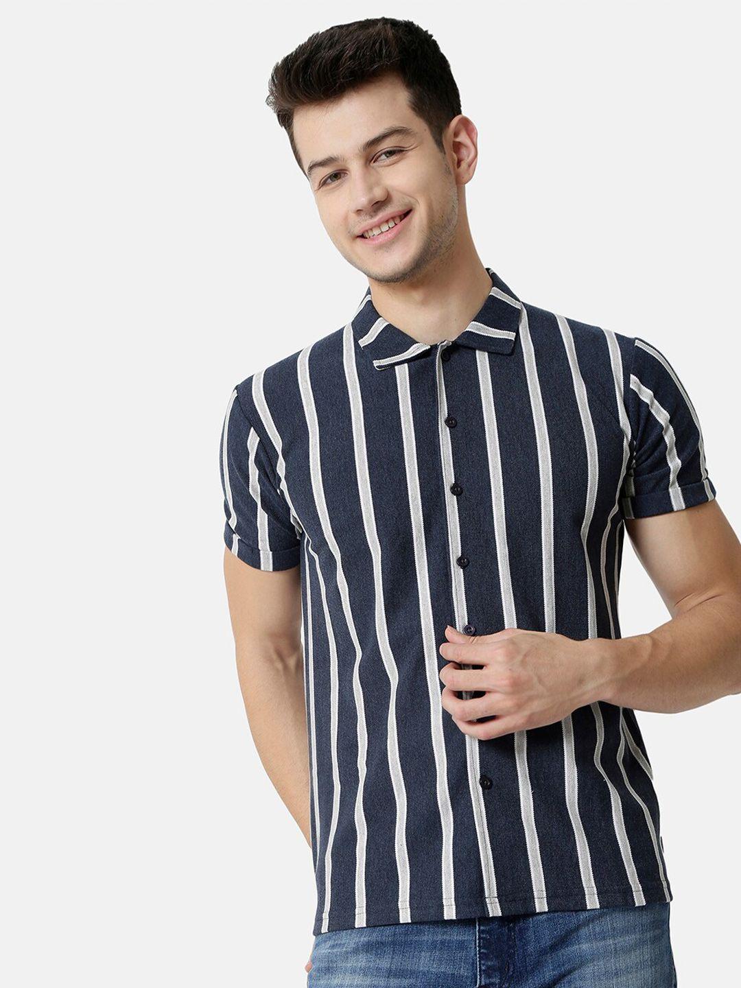 campus sutra men navy blue classic striped casual shirt