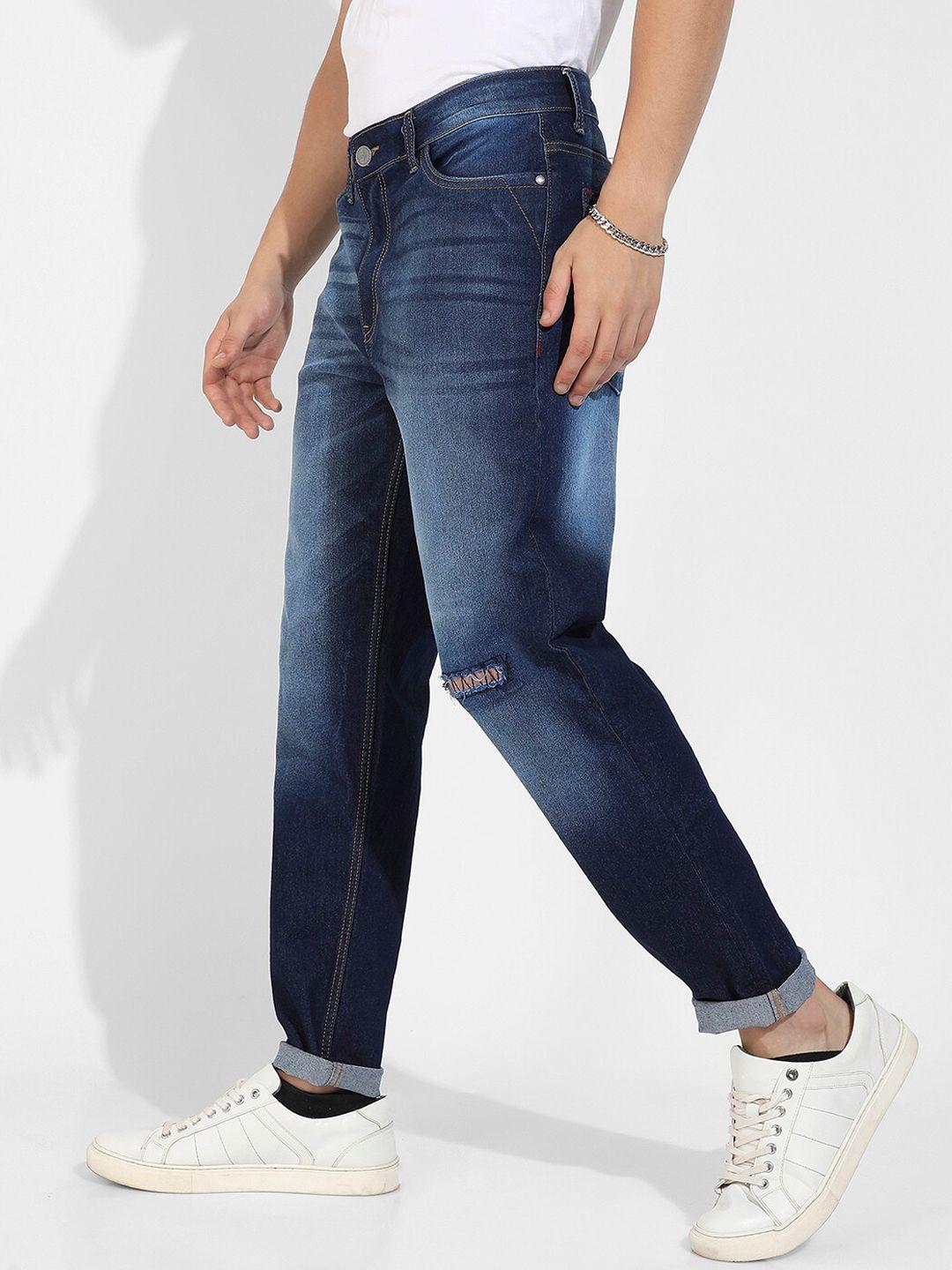 campus sutra men navy blue smart slim fit mildly distressed cotton stretchable jeans