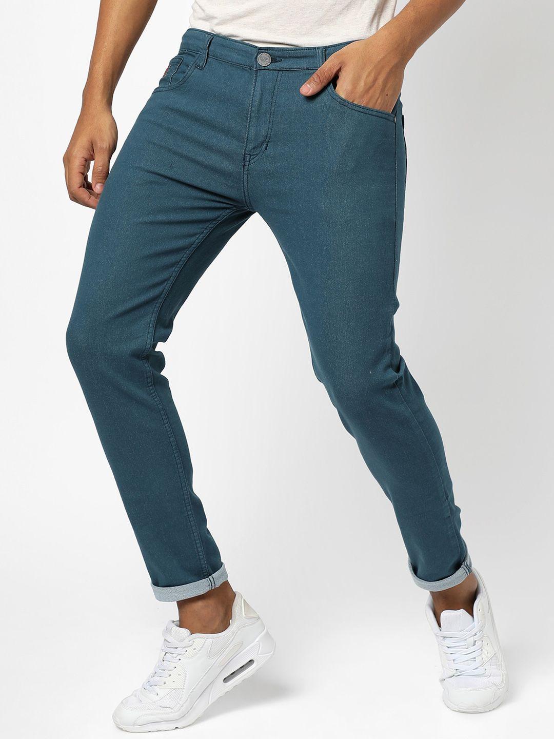 campus sutra men navy blue smart slim fit stretchable jeans