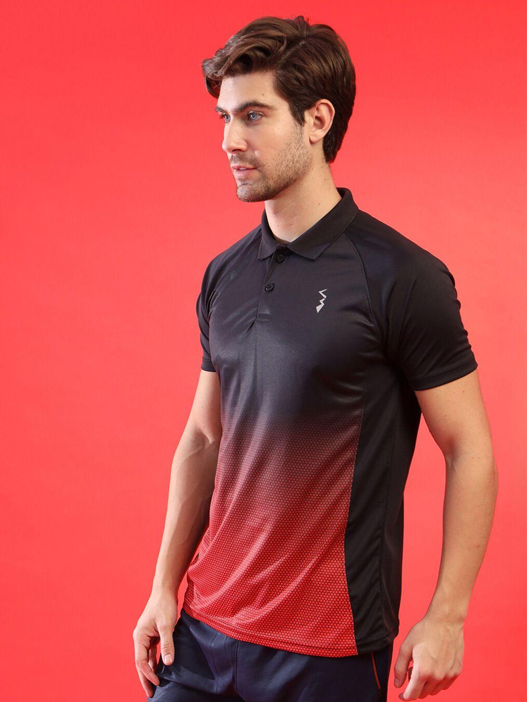 campus sutra men red & black colourblocked polo collar running t-shirt