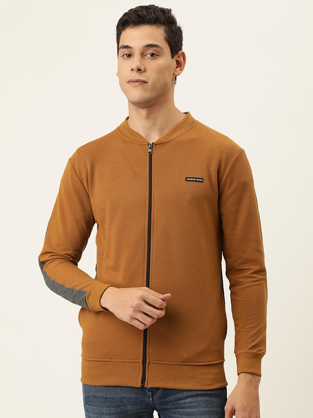 campus sutra men rust brown & charcoal grey melange colourblocked sweatshirt