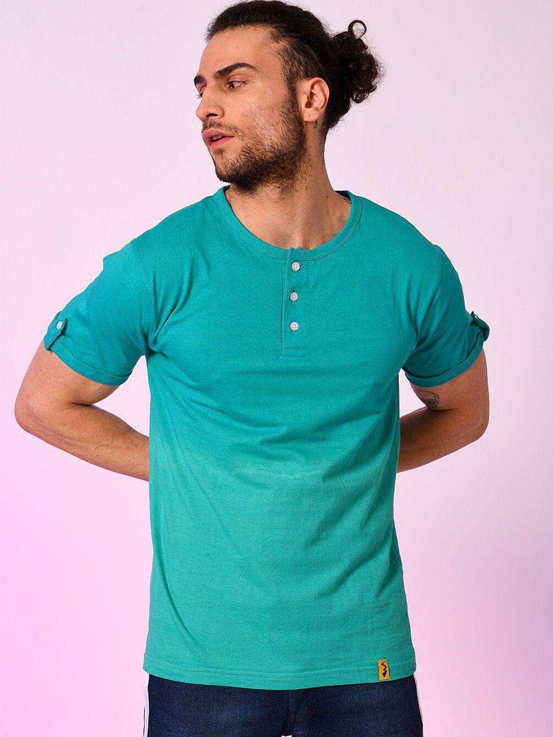 campus sutra men sea green henley neck roll-up sleeves cotton t-shirt