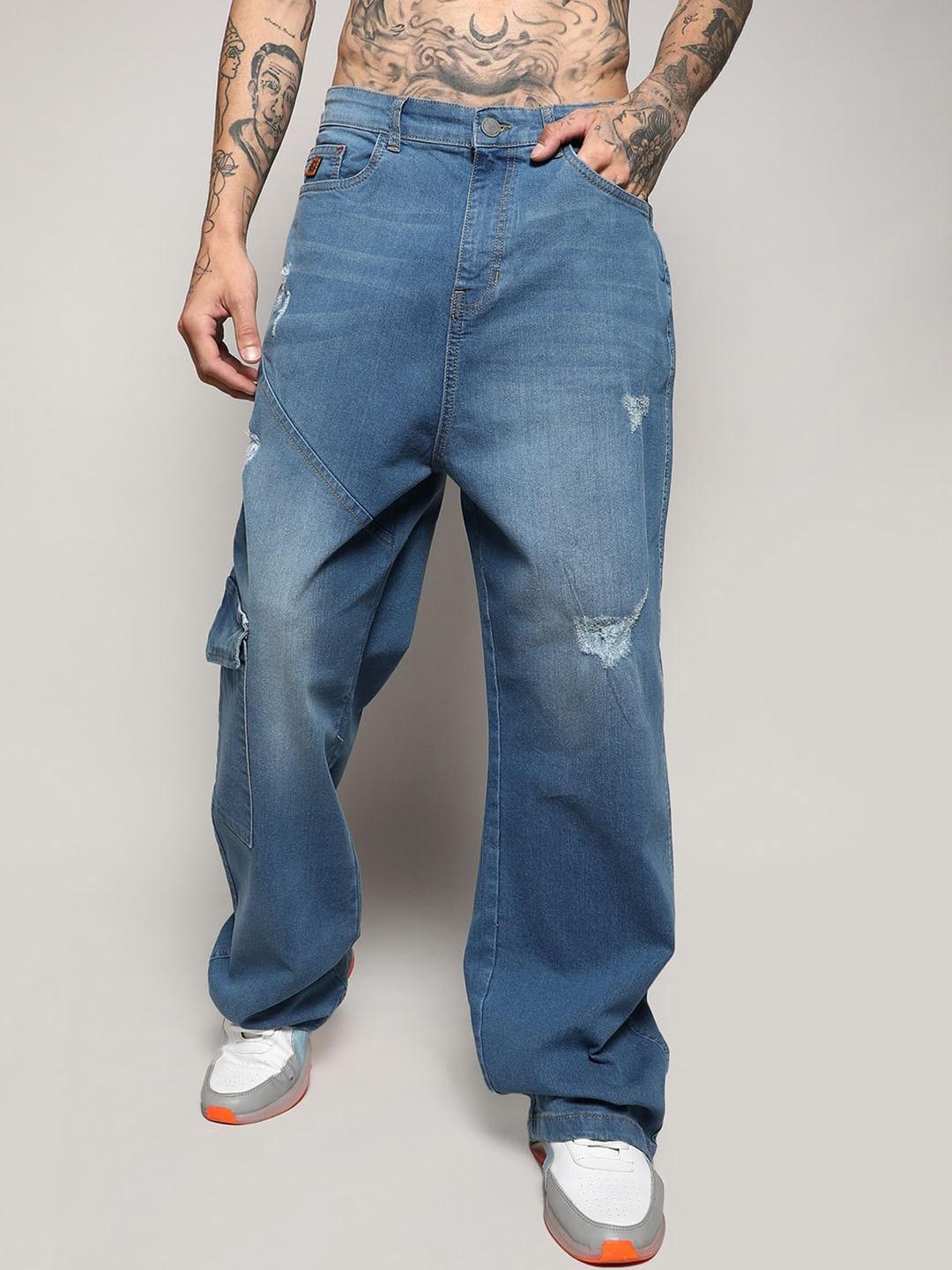 campus sutra men smart wide leg mildly distressed light fade stretchable jeans