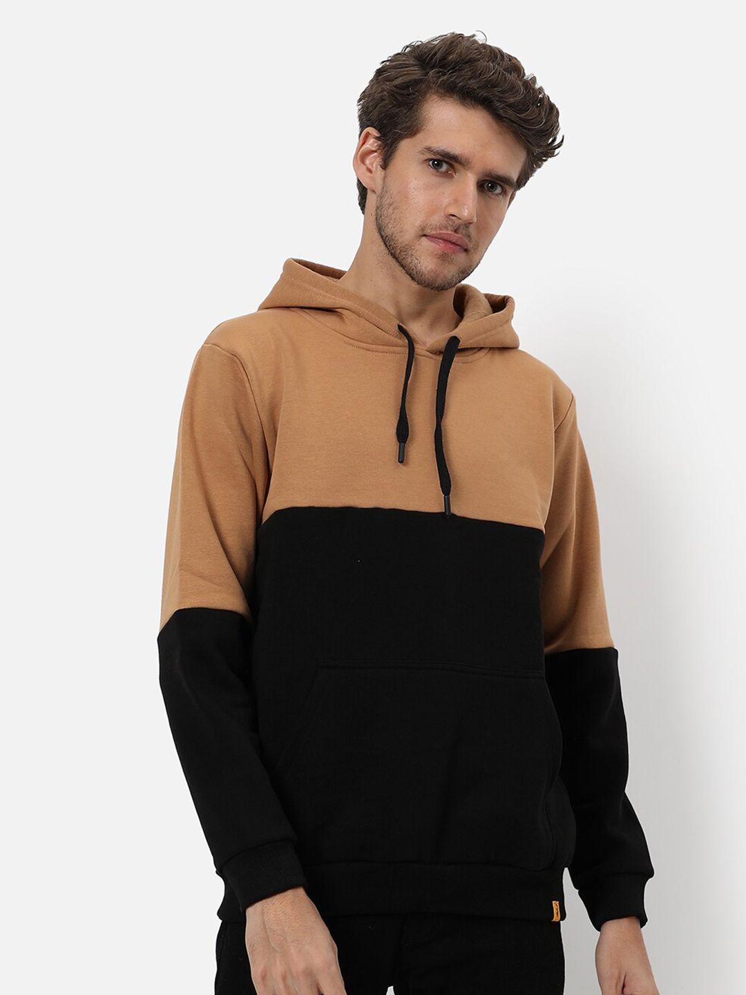 campus sutra men tan colourblocked hooded pullover