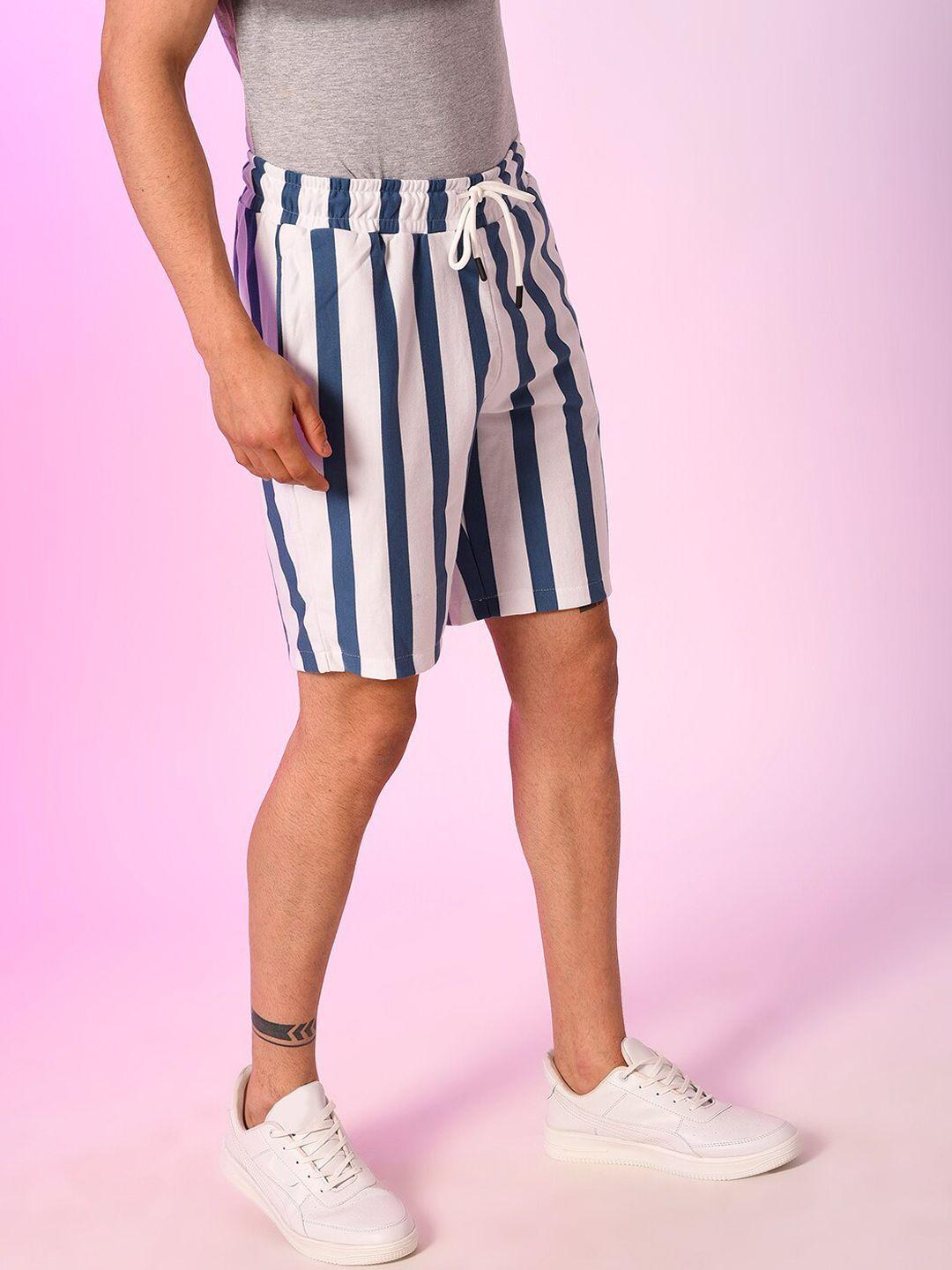 campus sutra men white & blue striped outdoor shorts