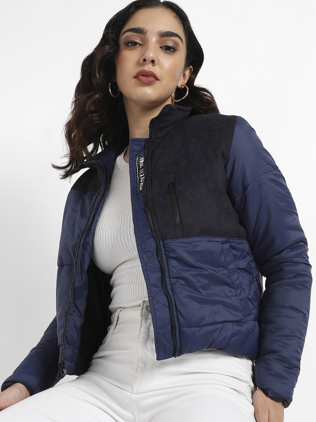 campus sutra mock collar colourblocked puffer jacket with windcheater