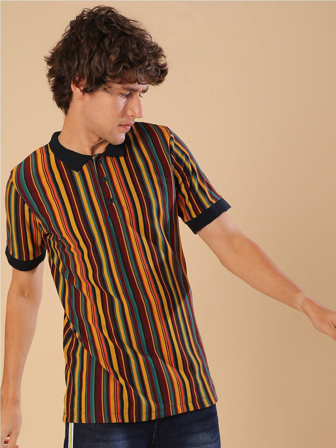 campus sutra mustard striped polo collar casual t-shirt