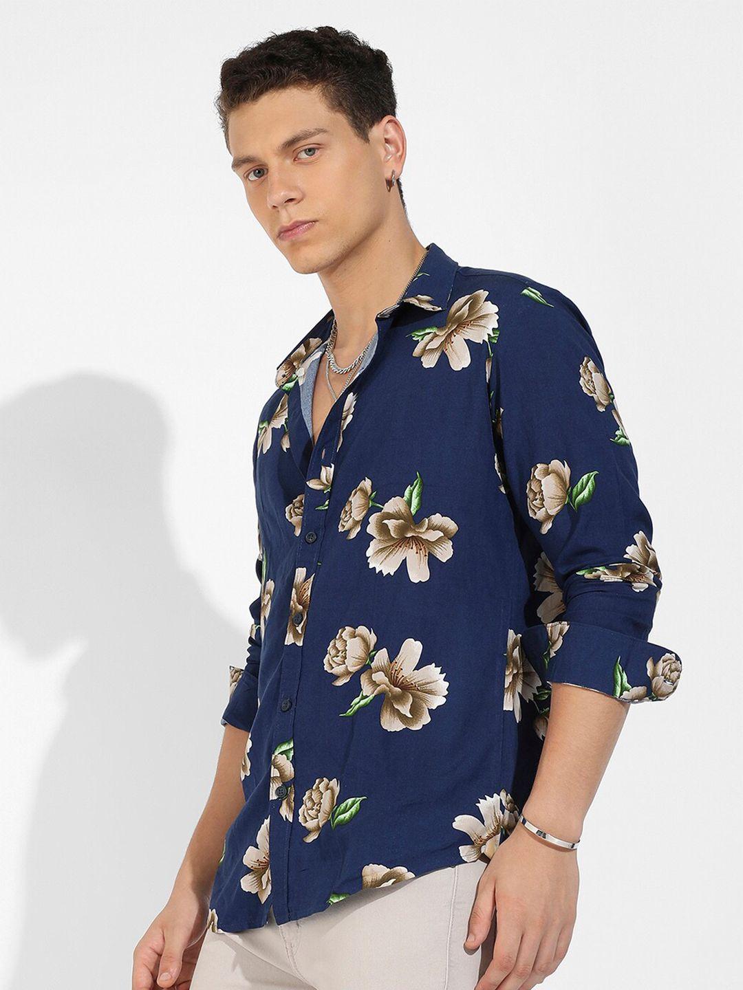 campus sutra navy blue classic floral printed casual shirt