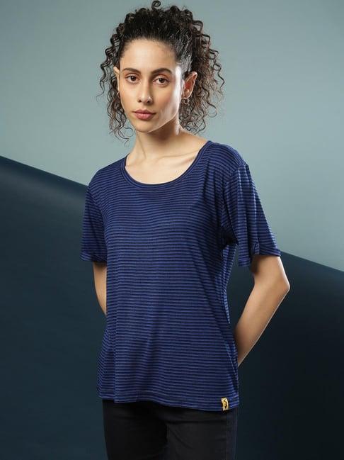 campus sutra navy blue striped top