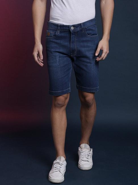campus sutra navy distressed mid rise shorts
