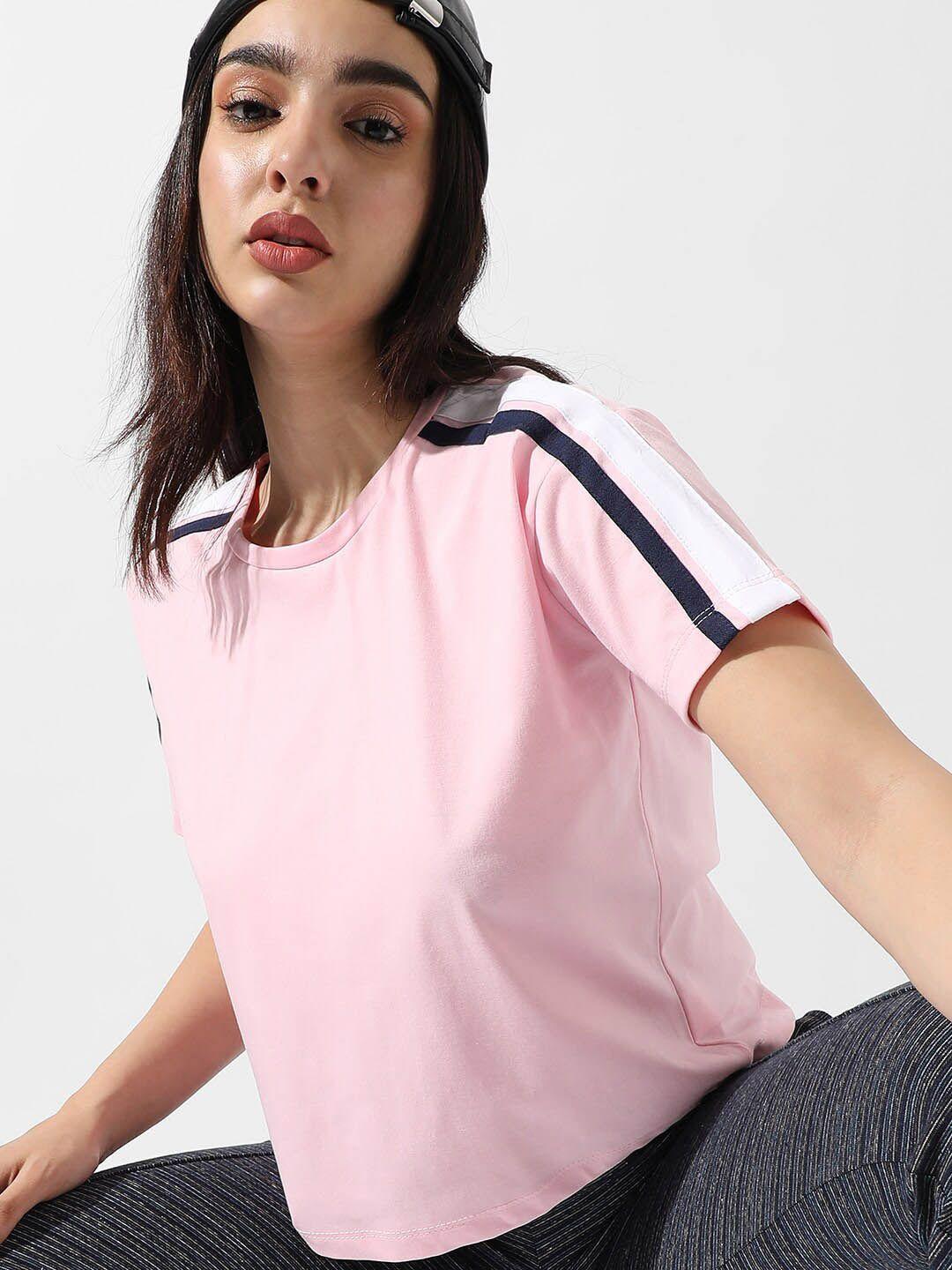 campus sutra pink round neck boxy fit t-shirt