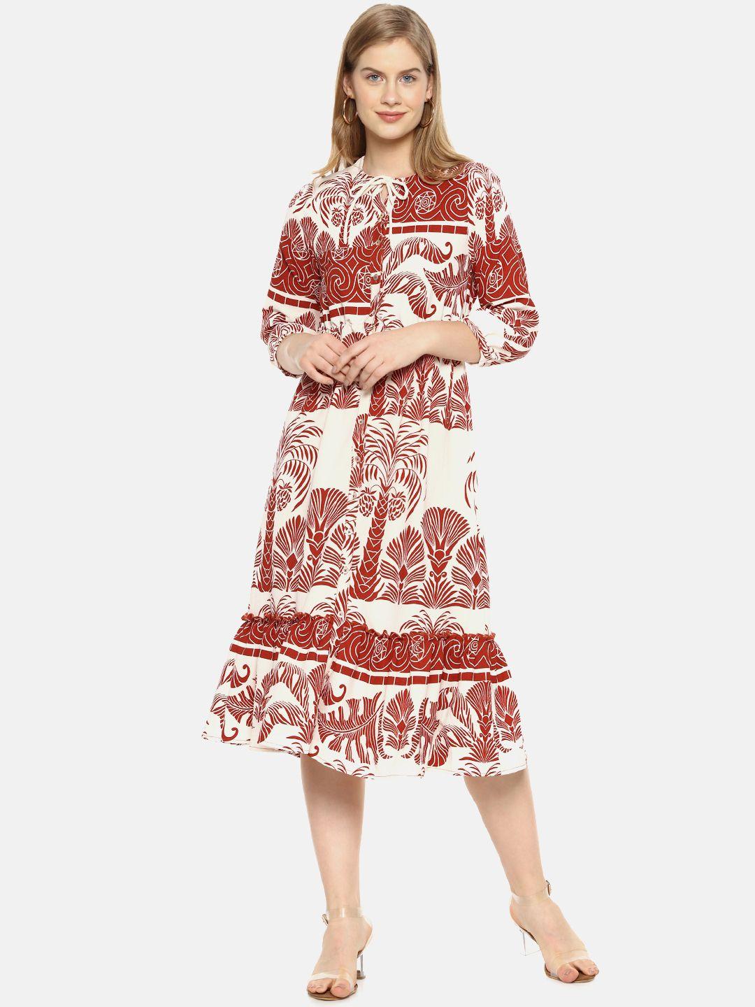 campus sutra rust & off-white ethnic motifs printed a-line dress
