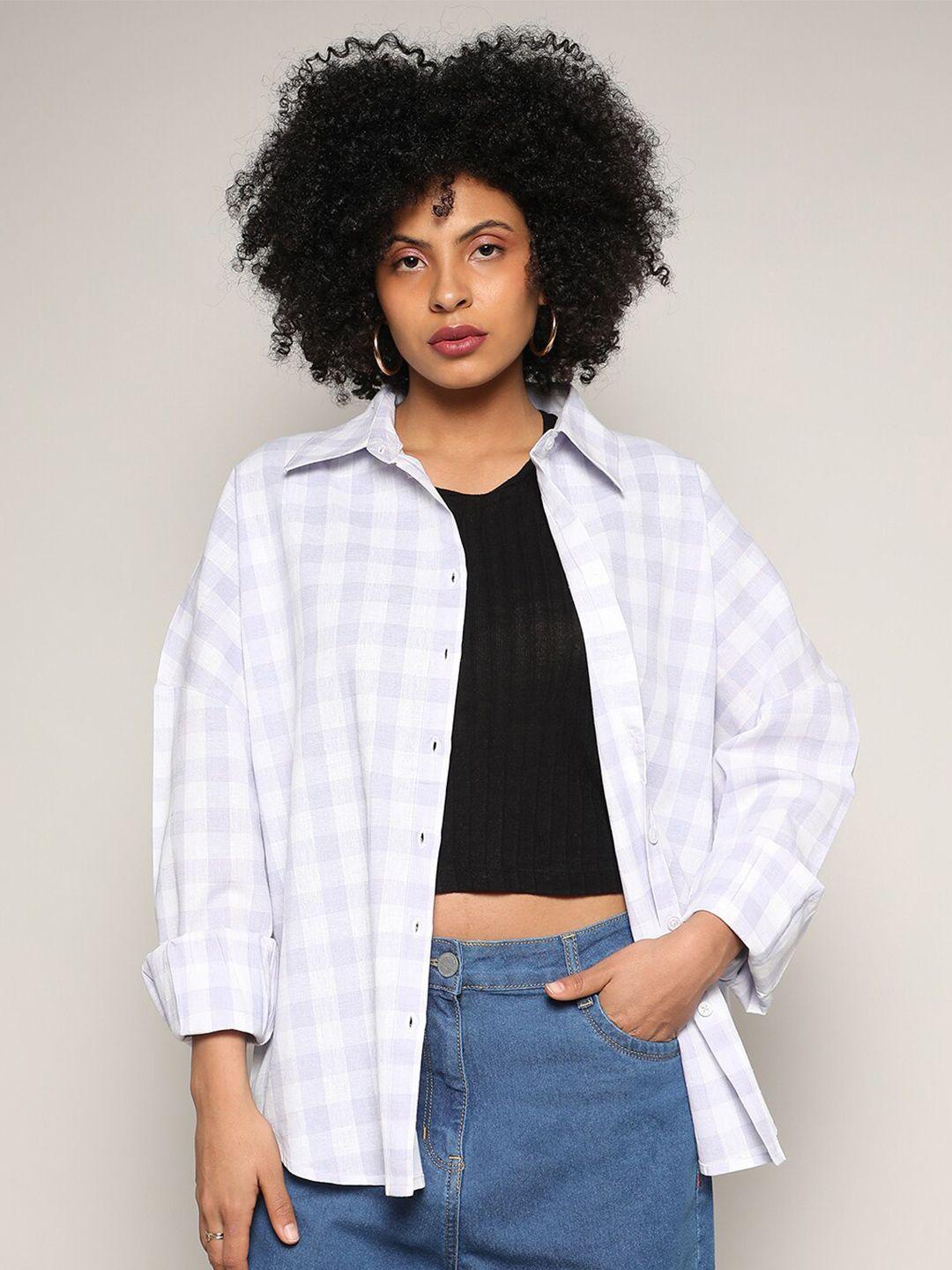 campus sutra spread collar long sleeves modern boxy checked casual cotton shirt