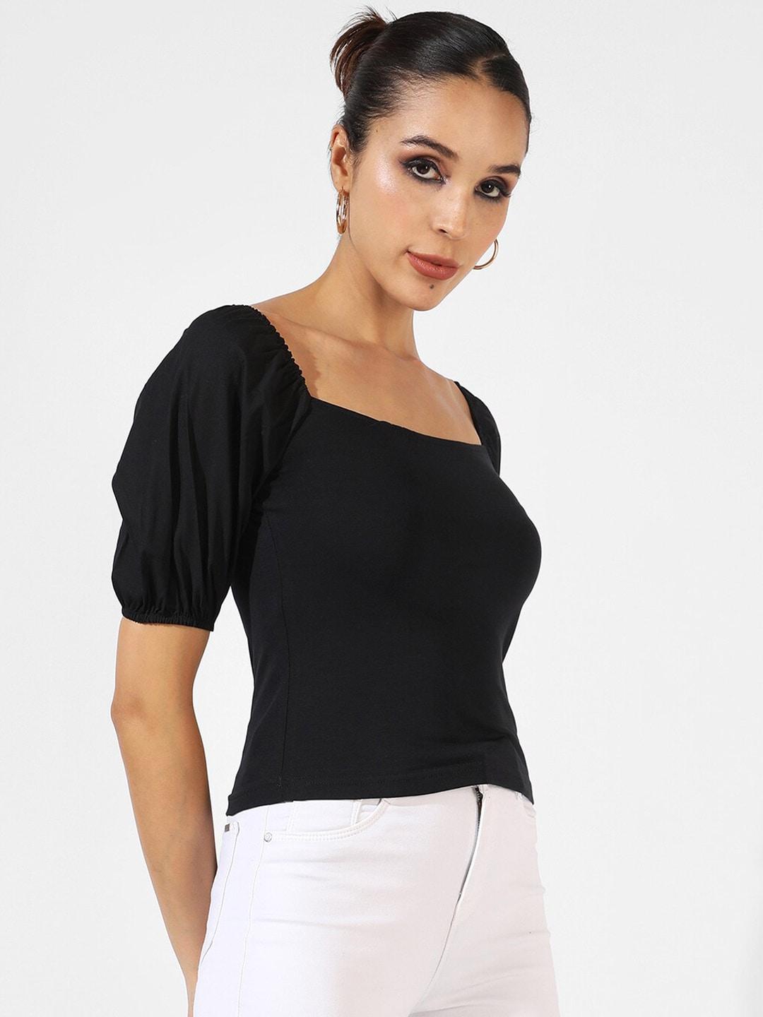 campus sutra square neck puff sleeve cotton top