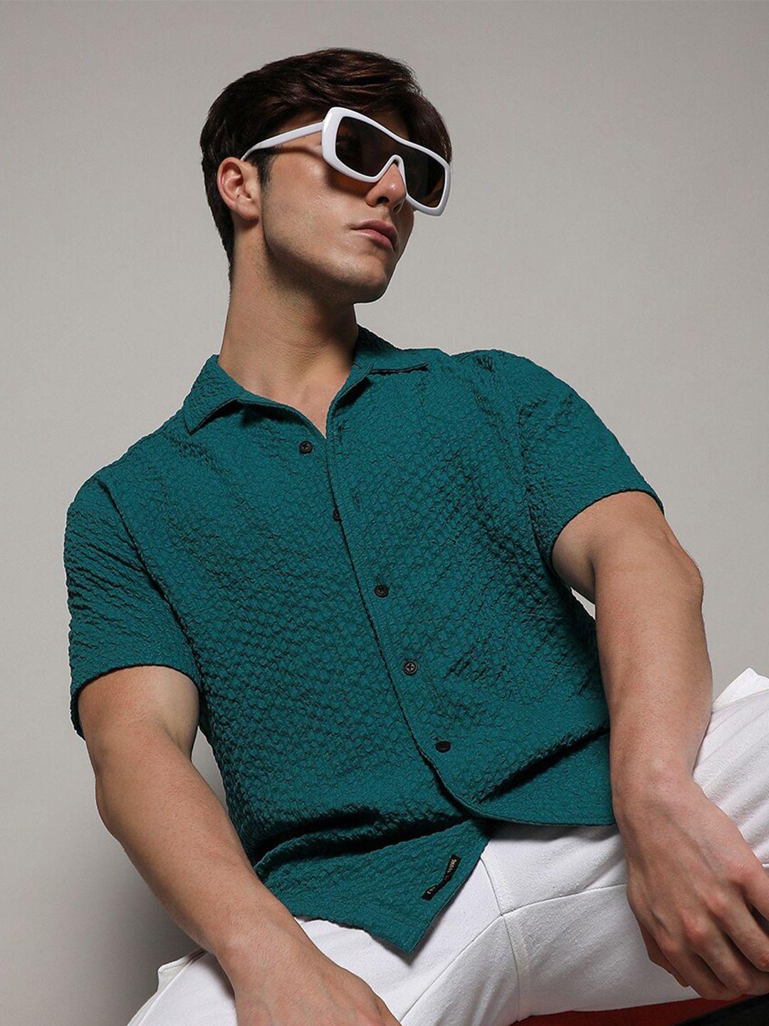 campus sutra teal green classic spread collar self design casual shirt