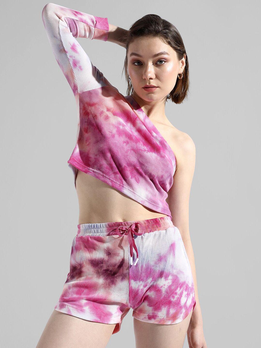 campus sutra tie-dye one shoulder crop top with shorts co-ord set