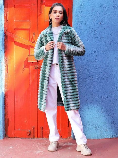 campus sutra white & green textured coat