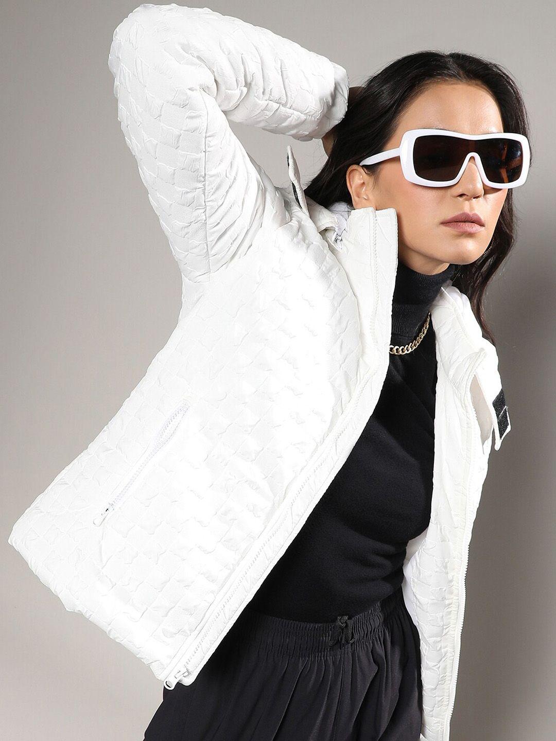 campus sutra white checked windcheater hooded padded jacket