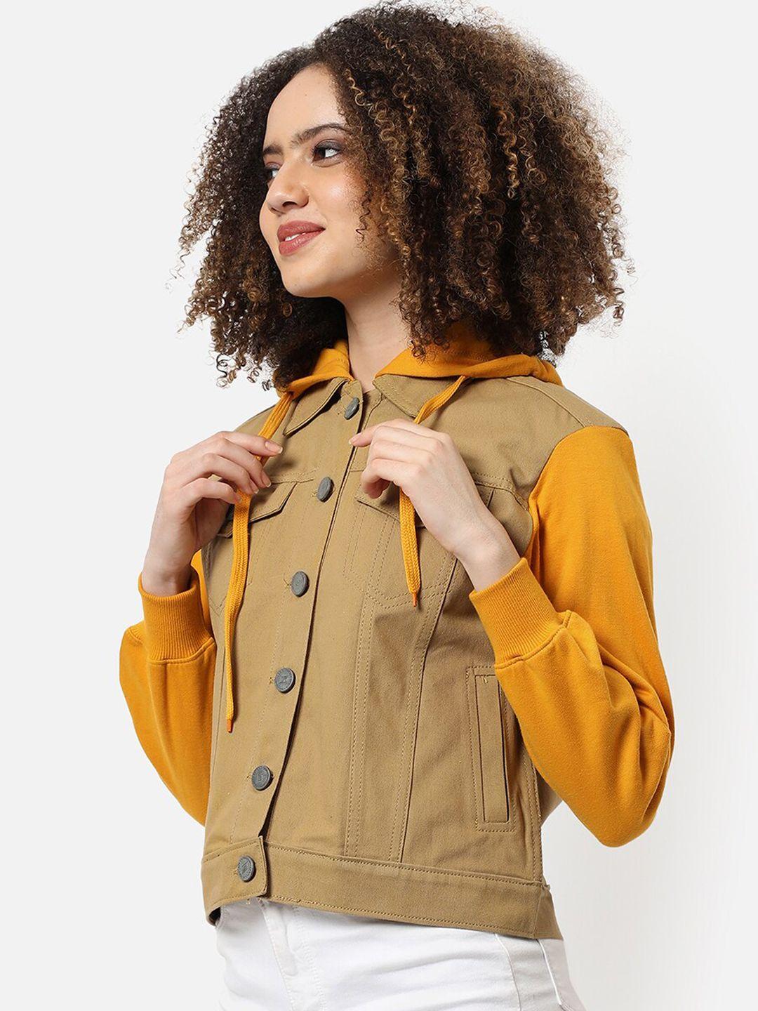 campus sutra women beige mustard windcheater outdoor tailored jacket with patchwork