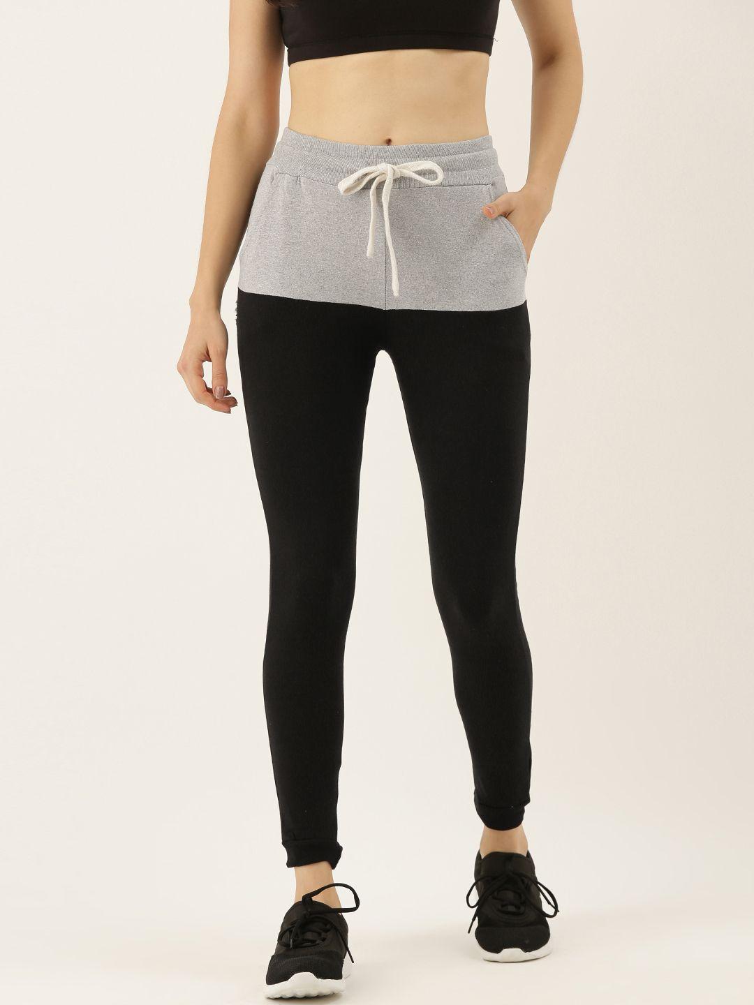 campus sutra women black & grey colourblocked straight fit joggers