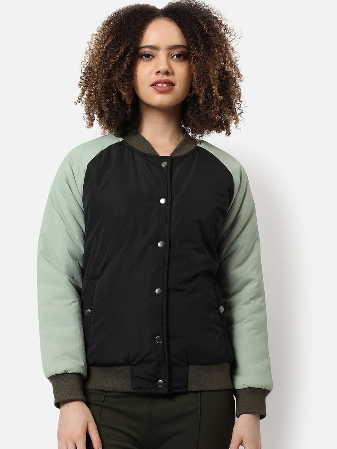 campus sutra women black green colourblocked windcheater outdoor bomber jacket