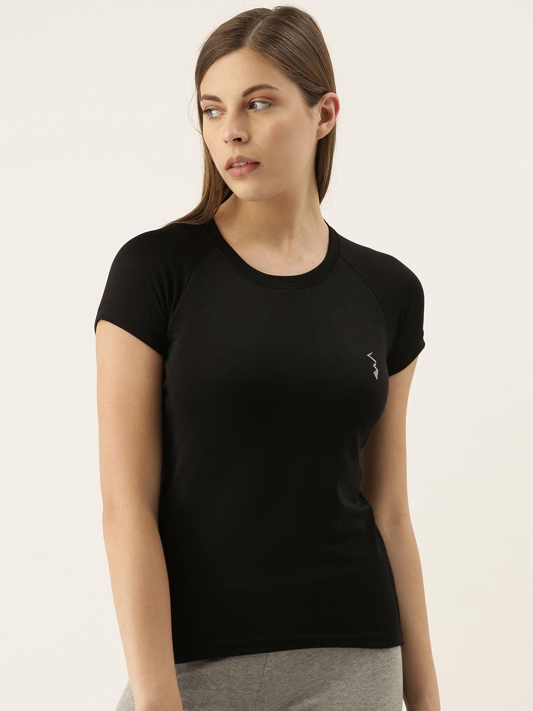 campus sutra women black solid round neck rapid-dry training t-shirt