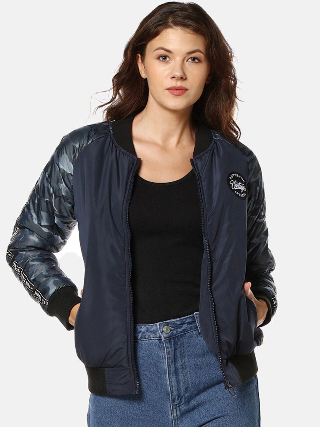 campus sutra women blue camouflage printed windcheater bomber jacket