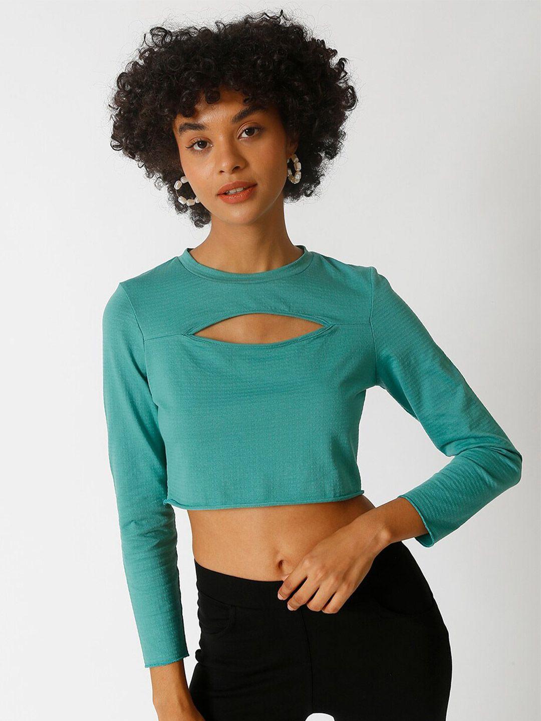 campus sutra women blue solid stylish pure cotton casual crop top