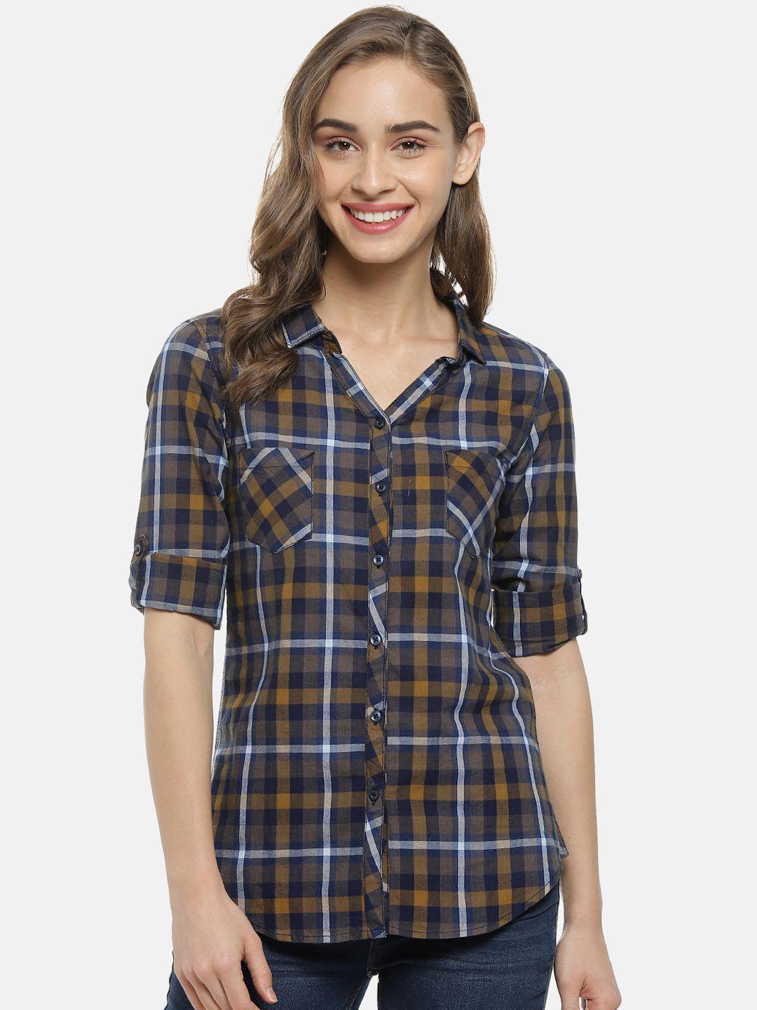 campus sutra women brown & navy blue regular fit checked casual shirt