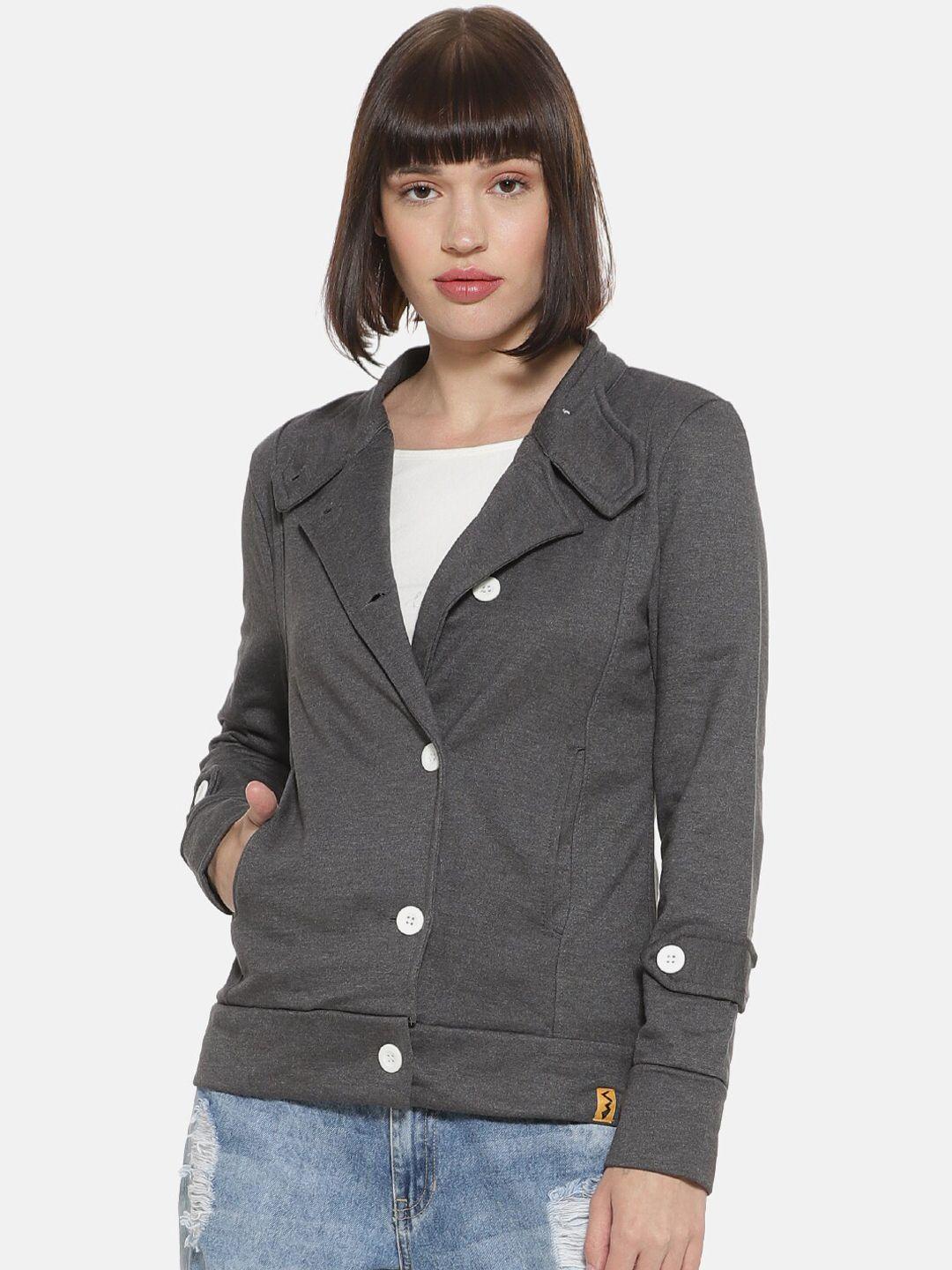 campus sutra women charcoal geometric bomber jacket