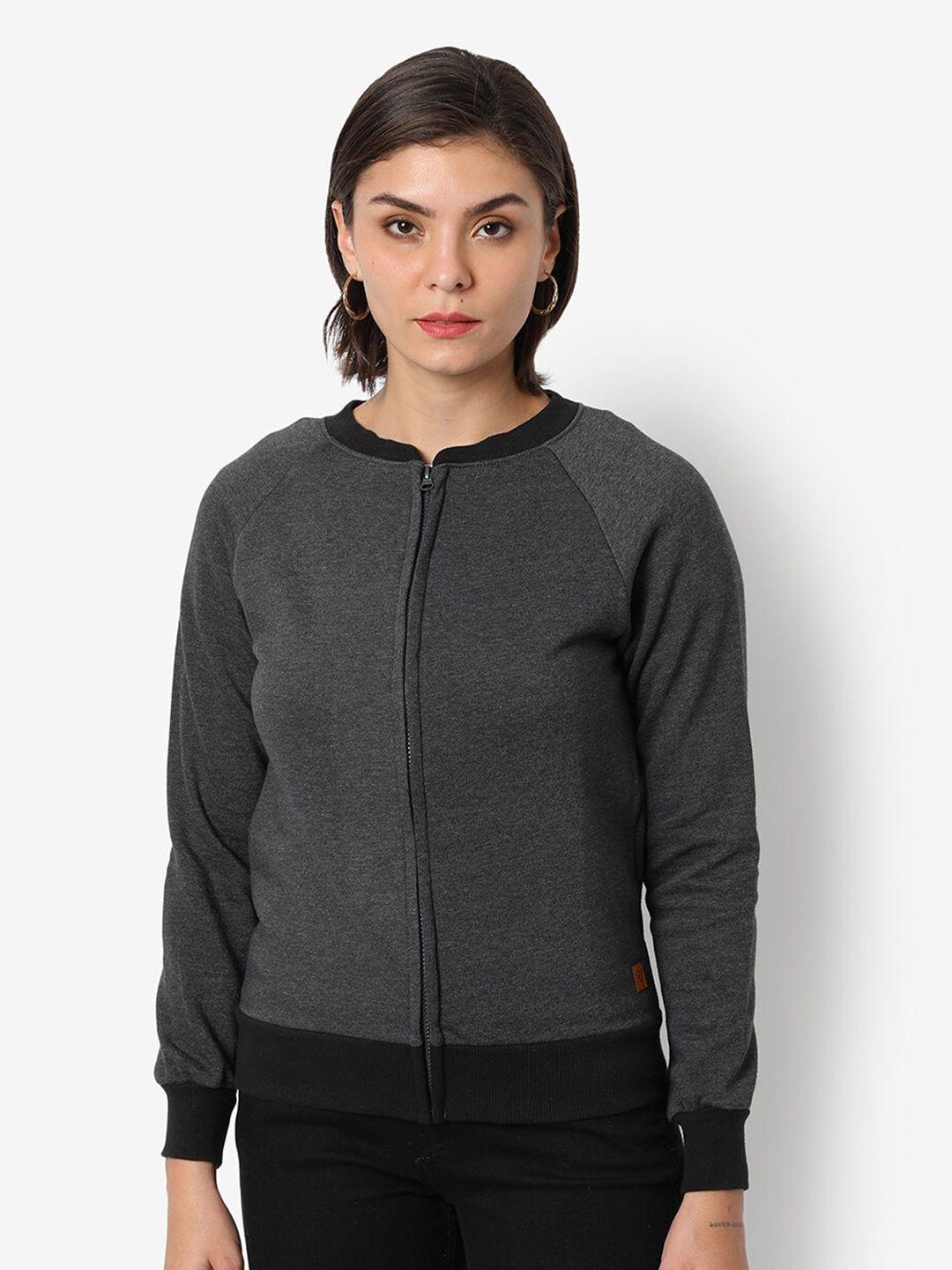 campus sutra women charcoal solid zipper cotton sweatshirt