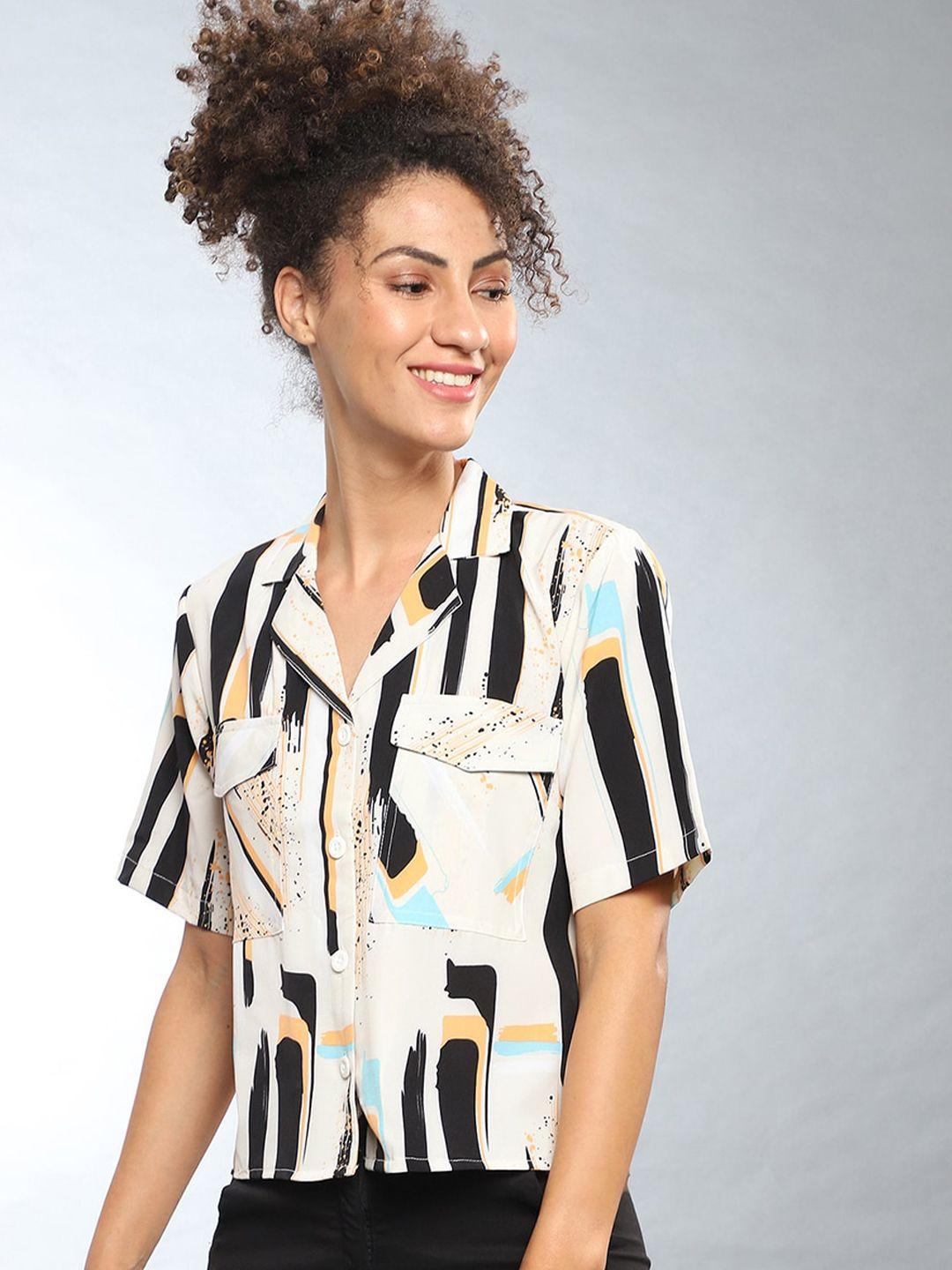 campus sutra women cream coloured classic abstract printed casual shirt