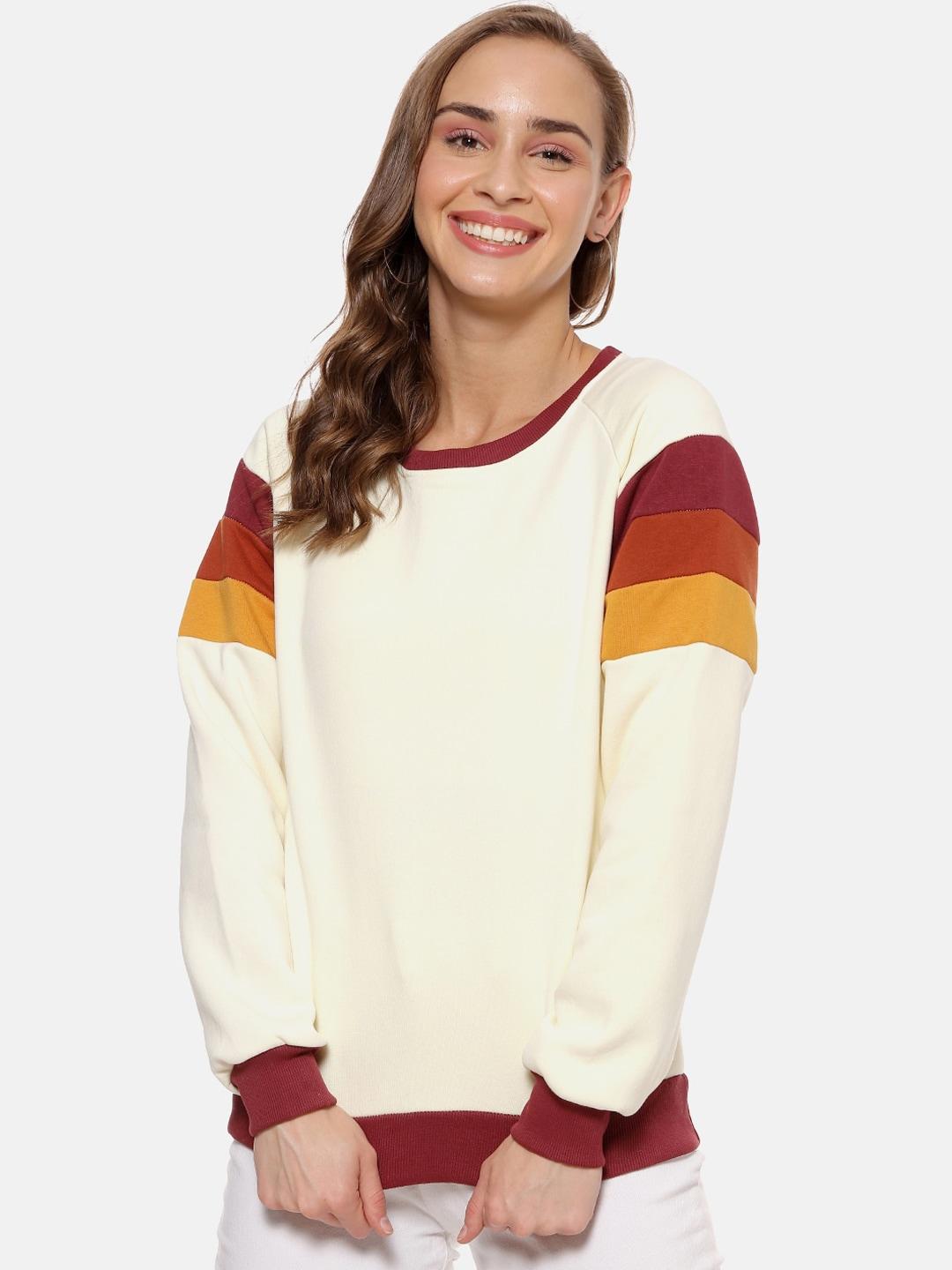 campus sutra women cream-coloured solid sweatshirt