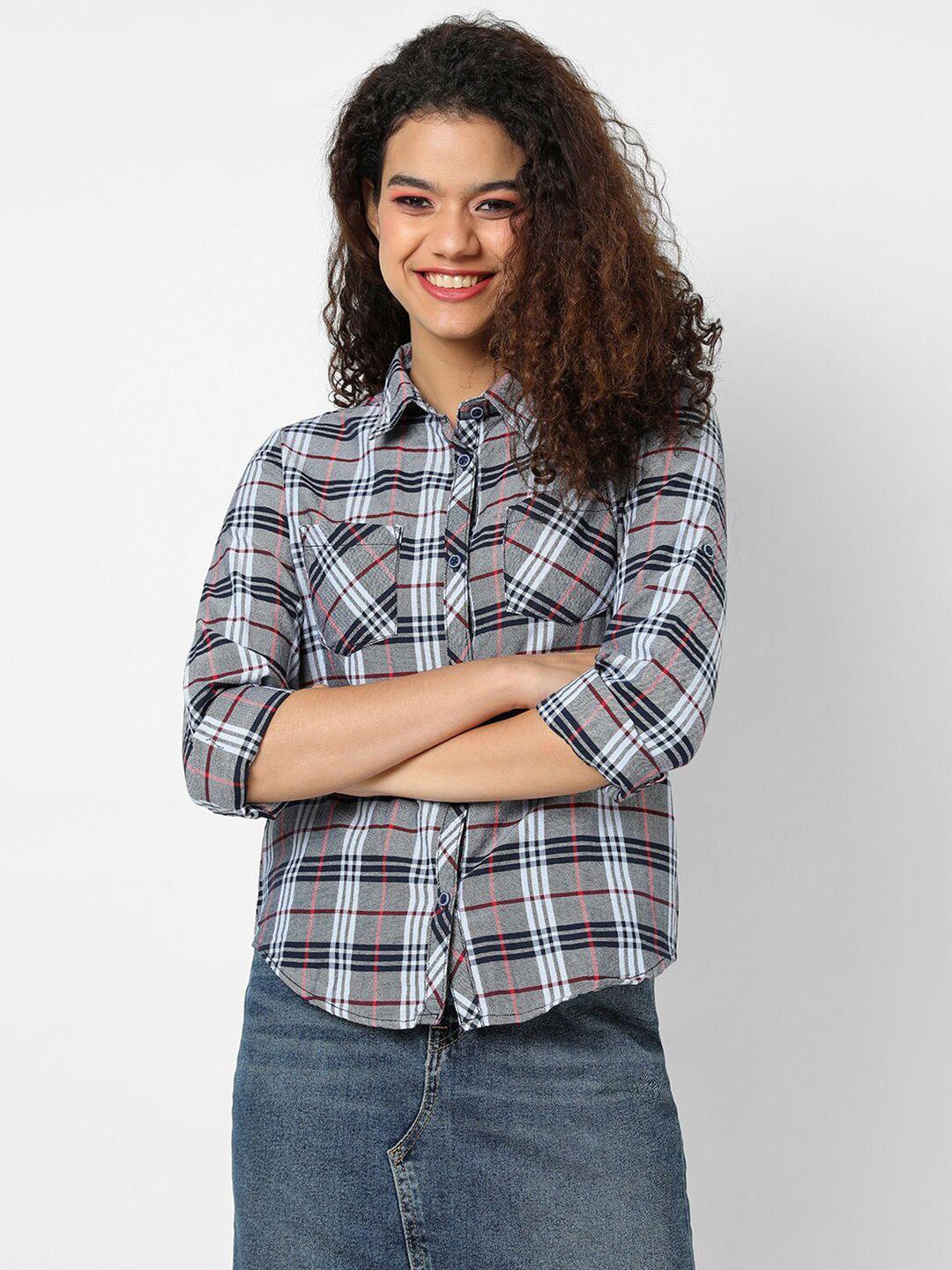 campus sutra women grey & navy blue classic checked cotton casual shirt