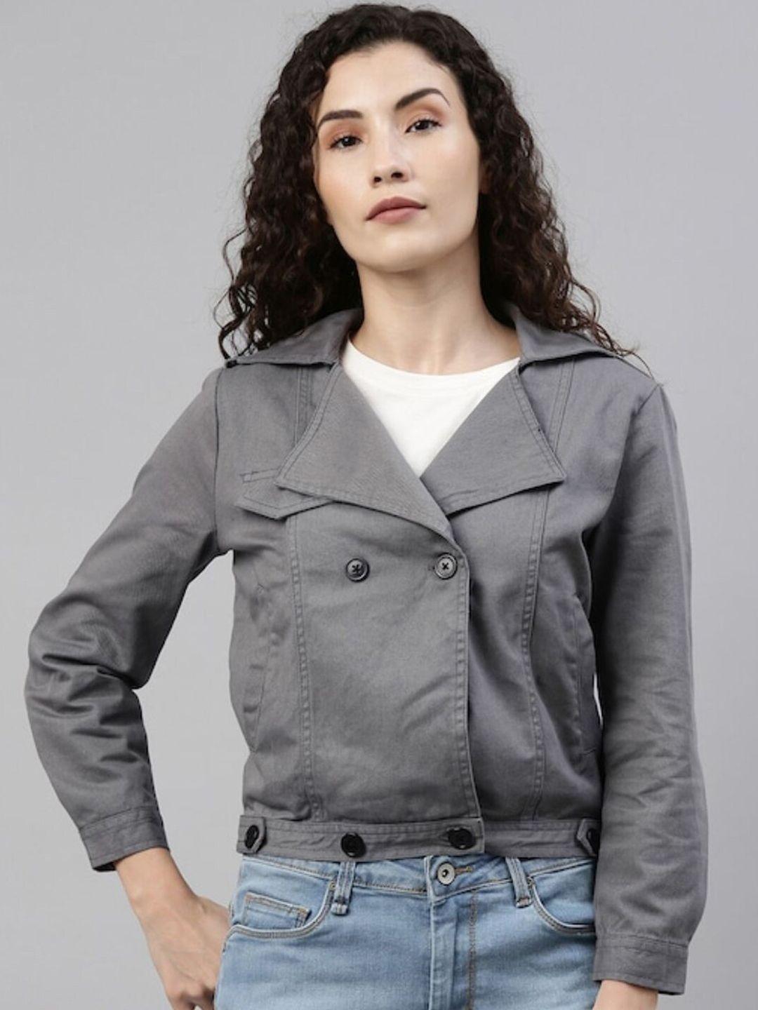 campus sutra women grey windcheater crop cotton denim jacket
