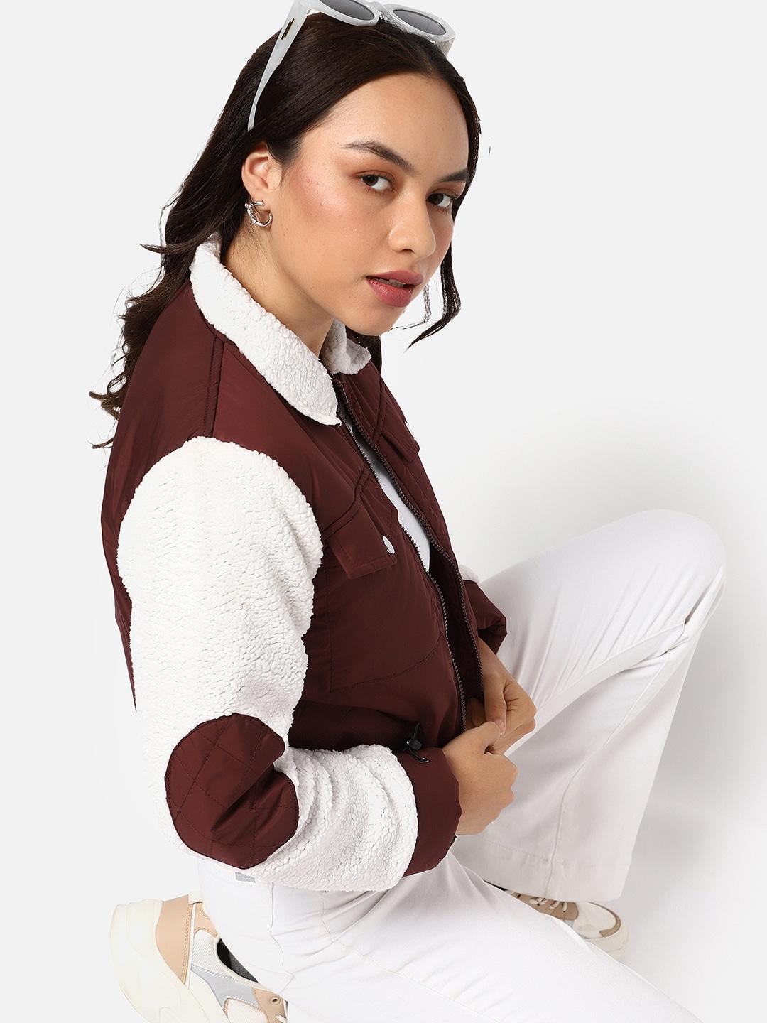 campus sutra women maroon white colourblocked windcheater crop bomber jacket