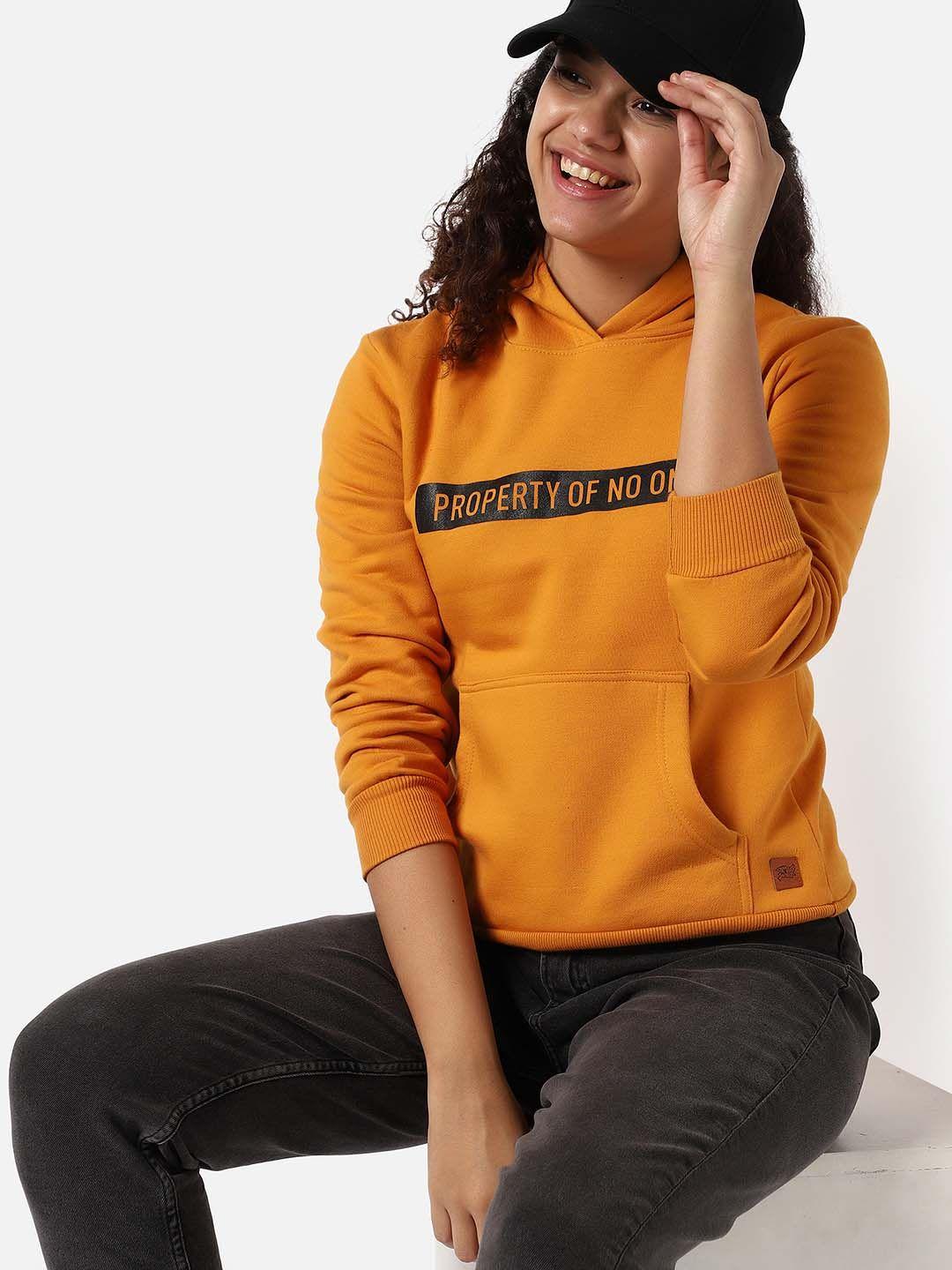 campus sutra women mustard printed hooded cotton sweatshirt