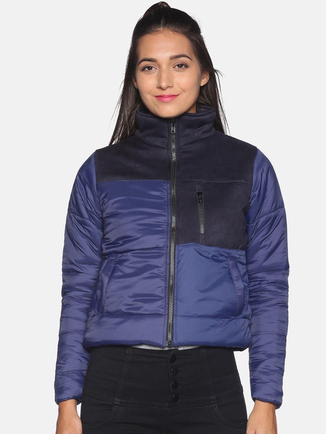 campus sutra women navy blue & black colourblocked  windcheater puffer jacket
